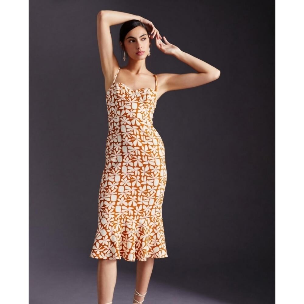 Hutch Tan & White Floral-Pattern Spaghetti-Strap Midi Dress